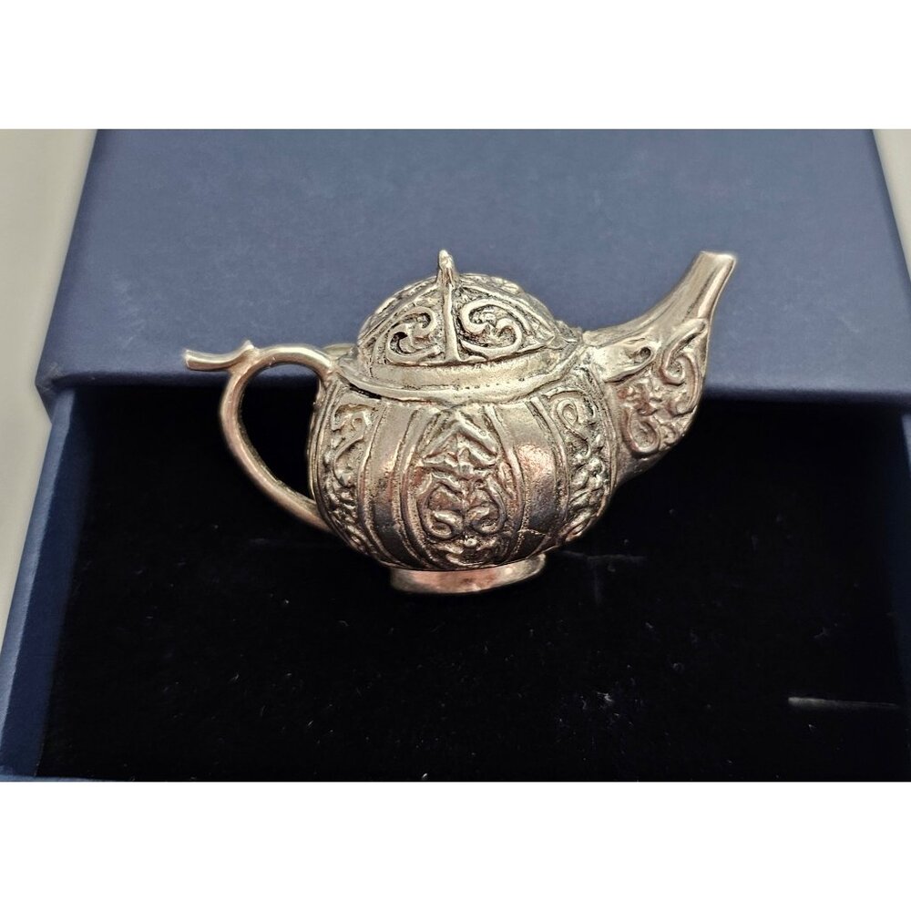 Sterling Silver Repousse Teapot Brooch Scroll Design Pin J379 View 2